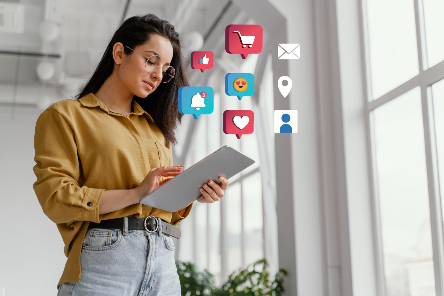 Creative digital marketing strategy illustration with laptop, graphs, and social media icons, showcasing targeted campaigns and data-driven solutions for business growth.